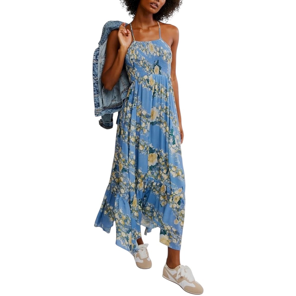 Free People Heat Wave Printed Maxi Dress Allure Blue Combo Large NWT